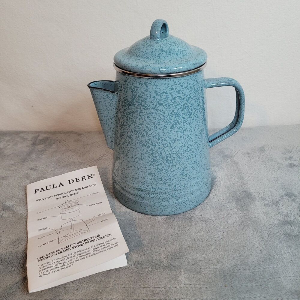 Paula Deen Blue Speckle Enamel Stovetop Coffee Percolator 8 cup Pot Complete